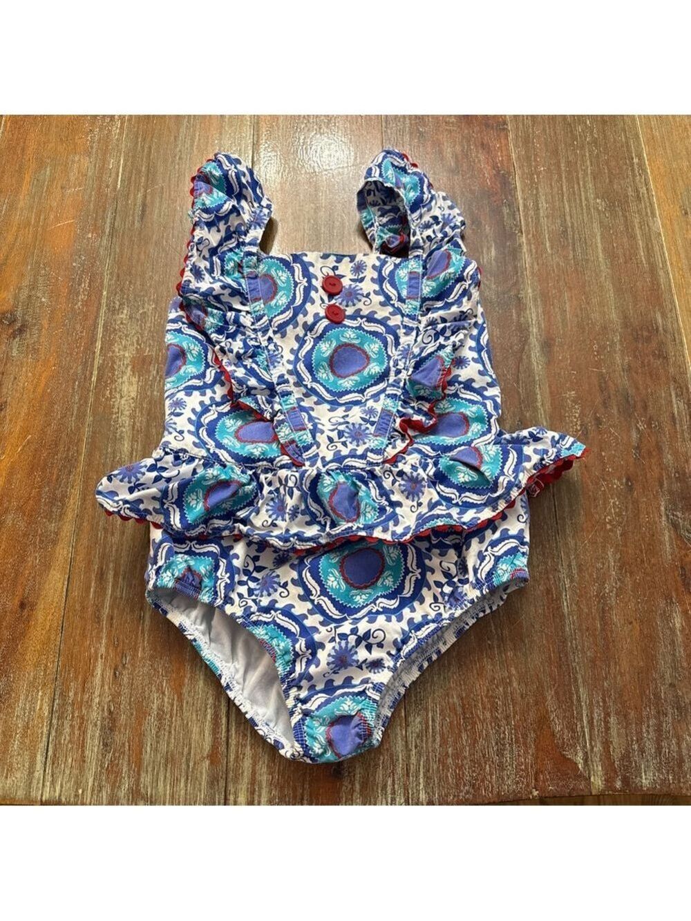 Kelly's Kids Blue Paisley Ruffle Romper Size 7 8